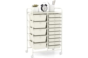 TANGZON 15 Drawers Storage Cart, Multipurpose Mobile Organizer with Lockable Wheels, Utility Rolling Trolley for Home Office Stationery Beauty & Salon (White)
