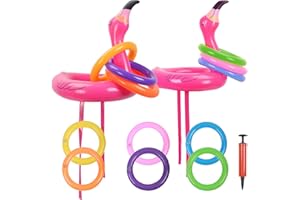 KATOOM 2Set Wurfspiel Flamingo Aufblasbare Ringwurfspiel Outdoor Indoor Spiele Eltern Kinder Partyspiele Partyhüte mit 12 Ringe und 1 Luftpumpe für Camping Flanmingosparty Party Geburtstag Hochzeit