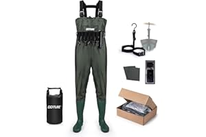 Goture Cuissardes de Waders Peche Homme, 70D nylon/500 PVC, Waders étanches pour la pêche avec Poche étanche, Chasse, Waders avec Pied de Botte, Poche étanche pour téléphone Portable, Vert
