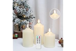 JHY DESIGN 3D Velas sin llama 10/12/15 cm alto Cera real Vela de batería Velas LED parpadeantes temporizadores de control remoto de 8 teclas para decoración navideña de la fiesta de bodas (juego de 3)