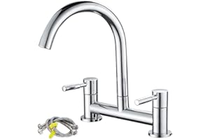 Ankoory Bridge Kitchen Sink Mixer Tap, 2 Hole Kitchen Bridge Mixer, 180mm Centers Deck Mounted Faucet with G1/2 Hoses, UK Standard Fittings, Dual Lever 1/4 Turn, 360° Swivel Spout, Brass, Chrome