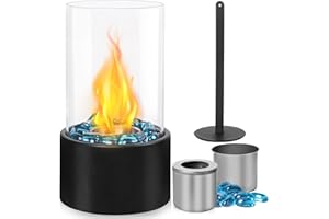 ‎EUFROZY Eufrozy Tischkamin Indoor Wärmend, Tischfeuer für Indoor & Outdoor mit Winddichtem Glasabdeckung+Hellblauer Glasstein, Rauchfrei Tragbarer Bioethanol Kamin für Balkon/Schlafzimmer/Wohnzimmerdekoration