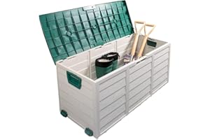 BARGAINS-GALORE Outdoor Garden Furniture Storage Box - Plastic Seat Utility Chest Cushion Shed Box For Garden Tools, Toys, Equipment | Safe and Secure - All Weather Resistant | Indoor - Green Lid, Handles and Wheels