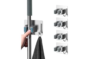 homeasy Mop Broom Holder, 4 Pcs Stainless Steel Self Adhesive Mop Holder Wall Mounted with Hooks Hanger Self-Adhesive Broom Holder for Bathroom, Kitchen, Office, Closet, Garden Garage(Silver)
