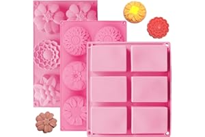 OBSGUMU 3Paquets Moules de Savon de Silicone,6Cavités Moules en Silicone Fait Maison,Rectangle et Différentes Fleurs Formes,pour Faire de la Pâtisserie, des Gâteaux, des Savons (Rose)