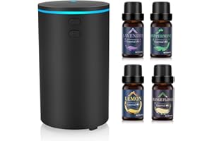 HCJYLLY Aroma Diffuser Enthält 4 ätherische Öle, Mini USB Ultraschall Luftbefeuchter, 60ml Cool Mist Humidifier mit 7 Farben LED, Automatische Abschaltung und Super leise, DuftöL Diffuser für Auto (Schwarz+4)
