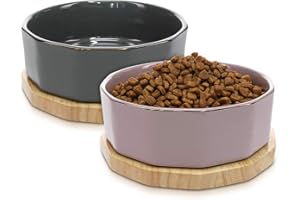 Navaris 2X Ciotole 800ml - per Cane Gatto Animali Domestici - Ciotoline Rialzate in Ceramica con Supporti Legno - Scodella Rialzata Grigio & Viola