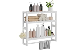 RRX Bambus-Badezimmerregal, 15cmx59cmx53cm H, 3-stöckig, verstellbare Schicht, schwebender Wandständer oder Ständer mit Stange, Standregal, Handtuchhalter, Hängestange für Badezimmer (Weiß)