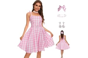 AYYOHON Margot Robbie Cosplay Costume 2023 Women Pink Plaid Dress Skirt Hair Bow Daisy Necklace Earrings Set Halloween Suit