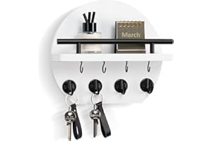 Nekon Key Holder for Wall - 9.8 Inch Apartment Wall Decor with Shelf and 8 Key Hooks, Circular Wood Key Hanger for Home Decor (White)