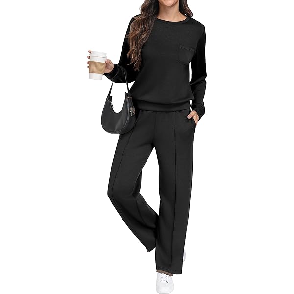 VUTRU Tweedelig trainingspak voor dames, elegant katoen, ronde hals, joggingpak, lange mouwen, T-shirts en brede broek met zakken, sportpak voor dames, zwart, L