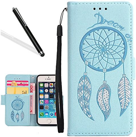 Galaxy Note 4 Flip Case,Wallet Case for Samsung Note 4,Leeook Light Blue Luxury Elegant Retro Shining Bling Glitter Scrub Hand Feeling Embossed Dreamcatcher PU Leather Notebook with Strap Stand Function Card Holder and ID Slot Money Pouch Magnetic Clasp Slim Flip Protective Skin Case Cover for Samsung Galaxy Note 4 + 1x Black Stylus