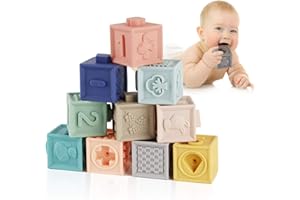 Mini Tudou 12PCS Baby Blocks Soft Building Blocks Baby Toys Teethers Toy Educational Squeeze Play with Numbers Animals Shapes Textures 6 Months and Up