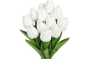 ‎N&T NIETING N&T NIETING Künstliche Tulpen, 12 Stück Künstliche Blumen Fake Tulpen PU Real Touch Latex Blume, Faux Weiß Tulpen Blumen Arrangement für Hochzeit Party Home Room Büro Dekoration, Weiß
