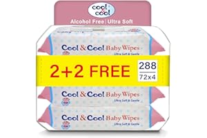 Cool & Cool Baby Wipes 72’s 2+2 Free (Pack of 4) - Alcohol Free,Paraben Free,Vitamin E,Aloe Vera,Ultra Soft & Gentle for Sensitive & Delicate Skin - 288 Wipes