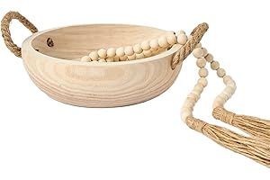OMISHE Paulownia Wood Bowl, Decorative Bowl for Home Decor, Natural Handmade Dough Wooden Bowl, Rustic Round Serving Bowl with Rope Handle and Wood Bead Garland for Tabletop Centerpiece Decor