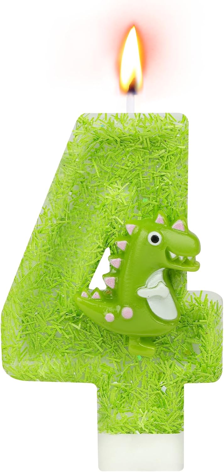 Alaoo Bougie d'anniversaire 4 Ans, Bougie Numéro Vert Dinosaure Gâteau Topper Bougies à Chiffre, Bougies d'anniversaire Décoration à thème pour Fête Anniversaire Fille Garcon