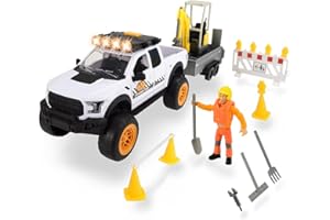 Dickie playlife Road Construction Set con Ford Raptor Pick up con luci e Suoni, rimorchio, scavatore Personaggio e Accessori, in Scala 1:24, cm. 41