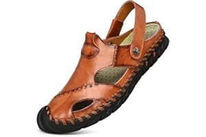 Dabbqis Mens Sandals Leather Closed Toe Outdoor Summer Anti-Slip Beach Sandals