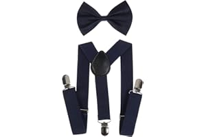 NiceYnn Elastique 2.5cm Large Bretelle et Nœud Papillon Pré-noué 9cm pour Enfants 1-9 ans 3 Clips Longueur Ajustable 60cm