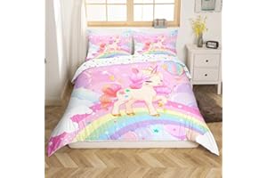 LOUSSIESD Einhorn Mädchen Bettwäsche Mädchen 135x200cm Rosa Einhorn Regenbogen Bettbezug Kinder Kawaii Nette Cartoon Pferd Bettwäsche Set Galaxy Sterne Magische Tier Zimmer Dekor Bettwäsche mit 1 Kissenbezug
