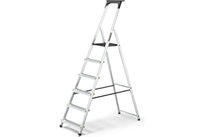 DRABEST Escalera Serie Pro Escalera de Aluminio 6 peldaños Escalera Plegable, doméstica con Estante Capacidad de Carga hasta 150 kg