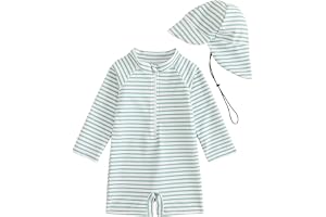 Baby Swimsuit Newborn Boy Girl Rash Vest Set 0M-3T, Long Sleeve UPF 50+ Infant Swimming Costume with Hat, Zipper Toddler One 