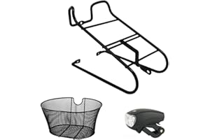 MADICKS PORTACESTO PORTAPACCHI ANTERIORE NERO PER BICI 24" 26" 28" + FANALINO FANALE FARO LUCE LED ANTERIORE + CESTINO FERRO OVALE DA PASSEGGIO BICICLETTA OLANDA CITY BIKE EPOCA RETRO ATTACCO A FRENI V BRAKE