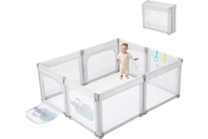 DORA DOTEY Playpen Foldable Playpen for Baby and Toddlers, Adjustable Shape & Size, Playpens with Padded Frame & Mesh Walls, Play Pens for Indoor & Outdoor 150x180cm, Light Grey with Pattern