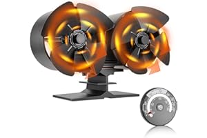 gohantee Stove Fan 8 Blades - Double Log Burner Fan with Double Motors, Silent Heat Powered Stove Top Blower for Gas/Pellet/Wood/Log Burning Stoves with Thermometer