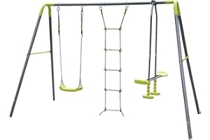 MaxxGarden Balancoire Exterieur - Portique avec balançoire, échelle et 1 Face à Face - Portique Balancoire Enfant Exterieur - 180cm de Hauteur - Vert/Gris