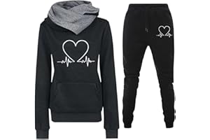 GENERICO Donna Tuta Sportiva Set Stampa Forma di Cuore Maniche Lunghe Felpa con Cappuccio e Jogging Pantaloni Invernale Abbigliamento Cotone Elegante Fitness Completo Sportivo Tuta Ginnastica 2 Pezzi Curvy