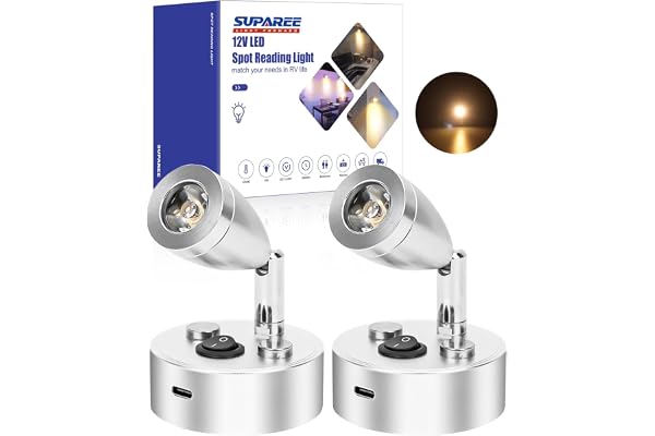 SUPAREE Eclairage LED 12V Caravane Lampe LED 12V Camping Car 12V Spot LED Camping Car avec Interrupteur Prise USB C 3000K 360° Orientable pour RV Van Fourgon Bateau Interieur 2Pcs