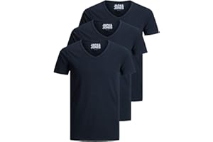 Jack & Jones Lot de 3 t-shirts basiques à col en V pour homme, Couleur unie, Coupe slim, en blanc, noir, bleu, gris