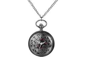 JewelryWe Montre Gousset Homme Steampunk: Montre de Poche à Quartz Fantaisie avec Motif Creux Rétro Engrenages Index Chiffres Romains Collier Montre Pendentif - Cadeau Anniversaire