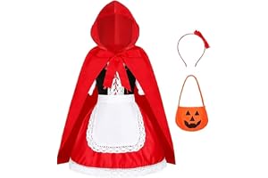 Little Red Riding Hood Costume Set for Girls Kids Halloween Fairytale Storybook Character Cosplay Dress with Hooded Cloak Headband Pumpkin Bag for 3-8 Years