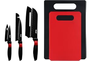 hecef Set di 3 coltelli da cucina con 2 taglieri e 3 foderi per coltelli, set di coltelli neri antiaderenti con affilacoltelli sul coperchio, set di taglieri per cucina, dormitorio, viaggi