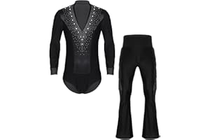Fldy Herren Latein Standard Tanz Kostüm Hemd Hose Set Strass Hemdbody Schlaghose Wettbewerb Performance Modern Dancewear