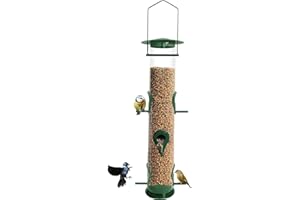 Urban Deco Bird Feeders Hanging Plastic Tube and Niger Seed Feeder With 6 Ports, Steel Hanger, Weatherproof, For Small Birds - Green - 1 Pack