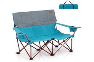 GOPLUS Chaise de Camping Double, Fauteuil de Plage Rembourrée avec Porte-Gobelets, Accoudoirs Réglables, Banc de Camping 2 Places Pliable pour Pêche, Camping, Pique-Nique, Plage, Charge 300KG (Bleu)
