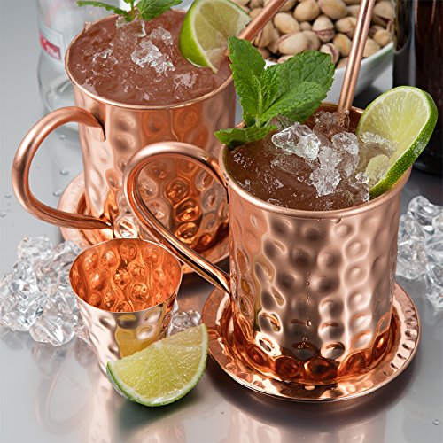 Moscow Mule Kupferbecher: 2er Set – Enthält 2 x 18oz Becher, 2 x Untersetzer, 2 x Strohhalme, 1 x Shotglas in Geschenkbox mit Bonus Cocktail-Rezepte-eBook – 100% Kupferzubehör – Handgemachter Trinkbecher in Roosevelt-Optik mit Hammerschlag-Effekt – Das Perfekte Geschenk für Hochzeiten, Jahrestag, Hochzeitstag, Geburtstag oder Weihnachten für Sie oder Ihn - 7