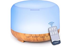 LONID Difusor de aroma de 500 ml, humidificador y difusor de aceites esenciales para yoga, spa, aromaterapia, dormitorio, bebé, sin BPA, apagado automático, luz de sueño de 7 colores, juego remoto de