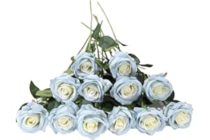 Laelfe 12 Pcs Blue Artificial Roses, 21in Realistic Single Long Stem Silk Blue Flowers Fake Blue Rose Bridal Bouquet for Wedding Home Party Arrangment Hotel Garden Decoration (Light Blue)