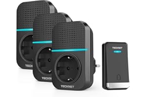 ‎TECKNET TECKNET Kabellose Türklingel Batterielose, Steckdosen-Funkklingel Wasserdicht Drahtloses Funk Türklingel mit 3 EU-Steckdose und 1 Sender, 400m, 60 Laute Melodien, 5 Lautstärke Stufen, LED-Blinken