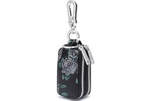Aileder Key Case Holder Genuine Leather Car Keyring Key Pouch Hand Painted Flowers Keychain Wallet for Women Ladies Double Zipper Keyring Purse