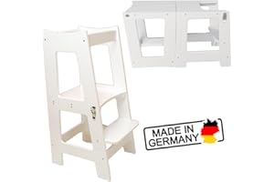 Bonn-Design Montessori Torre de aprendizaje 2 en 1 para niños, plegable, altura regulable, silla + mesa de madera, taburete multifunción para niños y niñas, silla de aprendizaje, color blanco