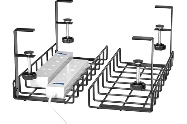 Tisany Tray 2 Pack Wire Management Drill No Screws, Cable Tray with Clamp for Desk Wire Management, Computer Cable Rack for Office, Home - No Damage to Desk (Black)
