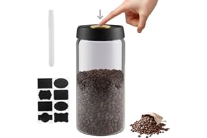 Zosenyer Bote hermetico para cafa en grano 1,8 L, recipiente de vidrio con tapa negra y boton dorado de vacio, tarro para conservar aroma, te, frutos secos y mas