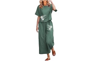 QWUVEDS Linen Sets for Women 2 Pieces Women Cotton Short Sleeve Printed Blouse Loose Pants Two Piece Suit Trouser Suit Ladies Trouser Suit Blue