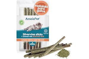 AmeizPet Hierba Gatera para Gatos, Catnip Natural Cepillo Dientes Gato, Palitos De Matatabi para Gatos Cubierto con Silvervine - Juguete Hierba Gatera 6 Pcs